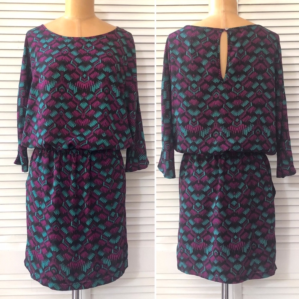 🆕 Kaya Di Koko Dress Womens XS Purple Teal Black 3/4 Sleeve Casual Office Party